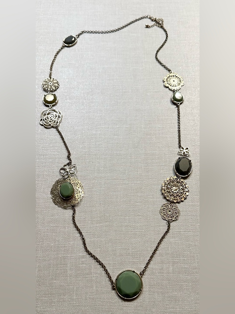 Olive Green Black Filigree Floral Long Statement Necklace